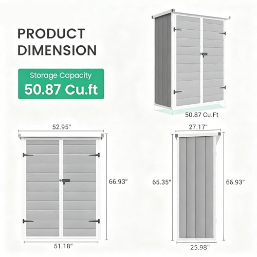 Image of UDPATIO Vertical Storage Shed,51 Cu.ft Resin Outdoor Cabinet,Grey | Lockable,with Floor,Waterproof,4.3 ft x 5.6 ft,Plastic Cabinet,Tool Shed,Patio,Garden,Backyard,Lawn,Pool