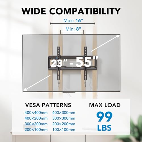 Image of Pipishell Tilt TV Wall Mount Bracket Low Profile for Most 23-55 Inch LED LCD OLED 4K Flat Curved TVs up to 99lbs Max VESA 400x400mm, 8 Tilting for Anti-Glaring, Fits 8-16 inch Wood Stud