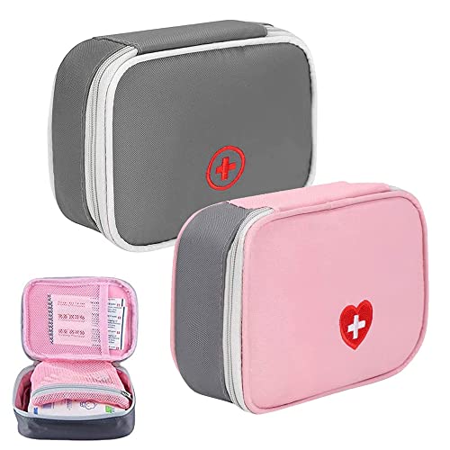 Deer Platz 2 Stück Medikament Tasche, Tragbare Mini Erste-Hilfe Sets, Leer Reiseapotheke Tasche, für Outdoor Sports Home Camping Wandern (Pink + Gray) Cover