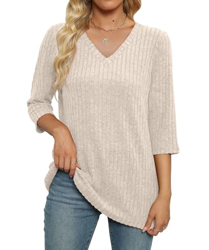 JomeDesign Sweaters for Women 3/4 Sleeve Tops V Neck Loose Casual Tunic Blouses2