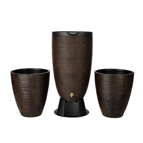 Image of RTS Home Accents Newport 50‑Gallon Flat‑Back Rain Barrel with Stand & Planter Bundle - Bronze | Removable Lid, UV-Stabilized Outdoor Water Storage