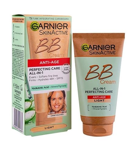 Garnier SkinActive Anti-Age BB Cream, Shade Light, Tinted Moisturiser SPF 15, Softens Fine Lines & Firms Skin, With Hyaluronic Acid, Aloe & Mineral Pigments, 50 ml