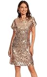 FEMI SEMI Women's Crewneck Sequin Shift Dress Short Sleeve Casual Holiday Sparkly Party Dress (Gold 2,XL)