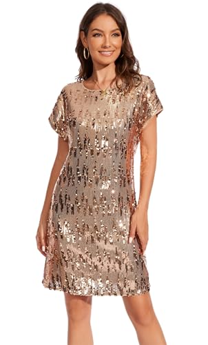 Image of Women's Crewneck Sequin Shift Dress Short Sleeve Casual Holiday Sparkly Party Dress