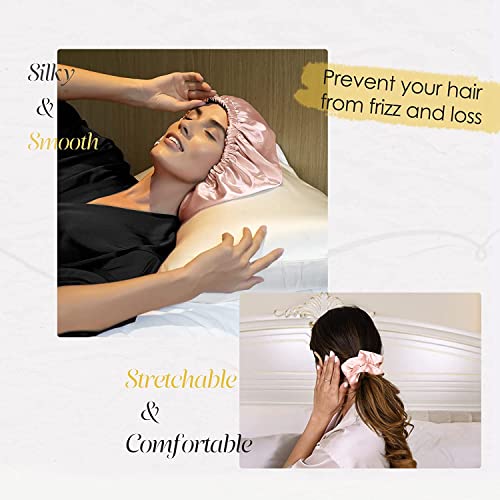 Image of Satin Silk Bonnet for Hair with 3 Satin Scrunchies, Satin Bonnet for Curly Hair, Reversible Silk Hair Cap for Sleeping, Adjustable Satin Hair Bonnet, Satin Hair Wrap (Rose)