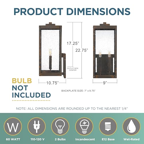 Image of Quoizel Westover Modern Wall Sconce, 22.75 Inch Industrial Bronze 2-Light Outdoor Light Fixture, Clear Seeded Glass Wall Lantern, 60 W, Industrial Design Wall Light for Porch, Patio, Gazebo or Yard