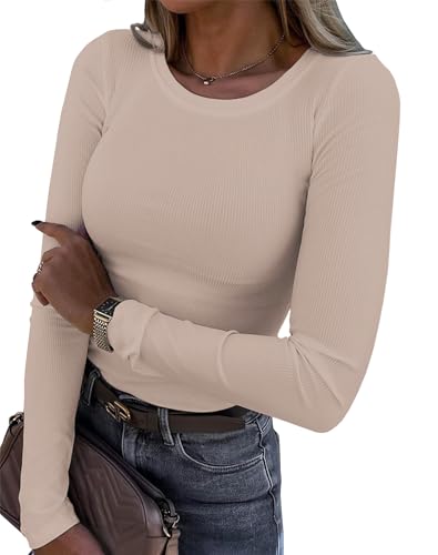 Damen Langarmshirt Rundhals Slim Fit Rippstrick Oberteil - Langarm Basic...