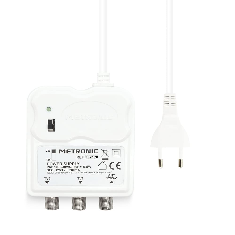 METRONIC 332170 Amplificatore per interni con regolazione del guadagno, 2 uscite TV 9,52 mm - Alimentazione 12/24 V per amplificatore TV - Alimentazione elettrica - Bianco
