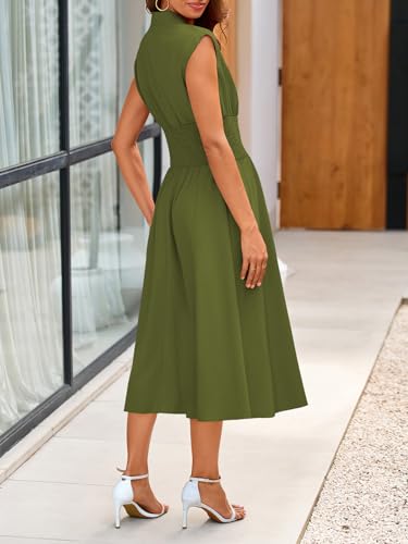 Image of Wenrine Womens Smocked Midi Dress Zipper V Neck Long Summer Dresses | zip front, empire waist, cap sleeve, flowy, a line, high slit, casual midi dress