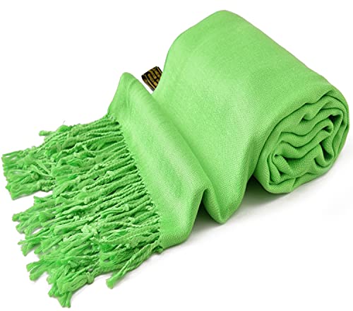 CJ Apparel Bright Green Solid Color Tassels Design Nepalese Shawl Seconds Scarf Wrap Stole Throw Head Wrap Pashmina Hand Made in Nepal New3
