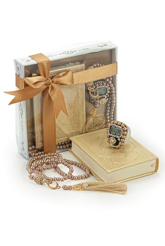 Image of İhvan Online Medina Calligraphy Quran Set with Islamic Finger Counter, Portable Digital Prayer Tasbeeh, Pearl Zikirmatic Beads, 3 Pieces Gift for Ramadan & Eid & Mevlut, Gold