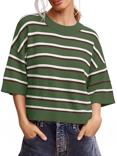 Image of Saodimallsu Womens Short Sleeve Sweater Summer Oversized Cropped Sweaters Casual Crewneck Lightweight Knit Tops