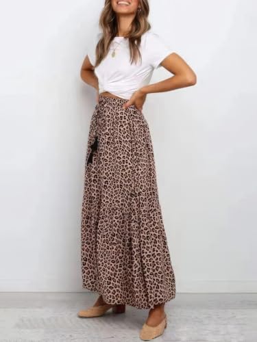 ebossy Women's Summer Leopard Print Tie Front High Waist Side Slit Flowy Swing A-line Maxi Skirts4