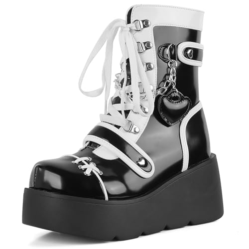CELNEPHO Black Platform Ankle Boots for Women Wedge High Heel Booties Goth Round Toe Combat Boots...