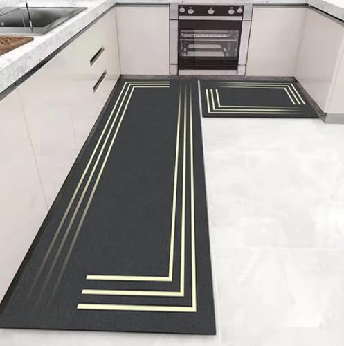 Image of SHREENIDHI Kitchen Floor Mat Set of 2 Rectangular Printed Mats for Sink Stove and Counter Area Placement with Kitchen Theme Geometric and Floral Design Options (Simple Line Mat 1)