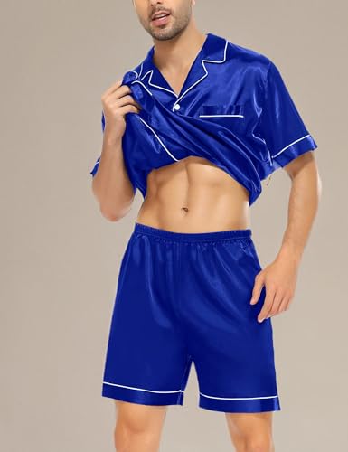 Image of SWOMOG Satin Matching Pajamas Sets Couple Silk Button Down Nightwear Women & Men Short Sleeve Sleepwear 2 Pieces Loungewear