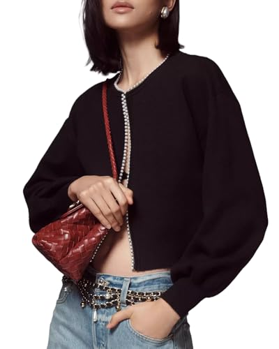 Image of Kedera Women's Open Front Cardigan Sweater Long Sleeve Pearl Trim Cropped Sweater Embellished Knitted Top Trendy Black