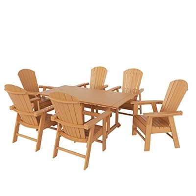 WestinTrends Dylan Adirondack Outdoor Dining Set for 6, All Weather Poly Lumber Patio Table and Chairs Set of 6, 71" Trestle Outdoor Table and Seashell Adirondack Dining Chair, Teak
