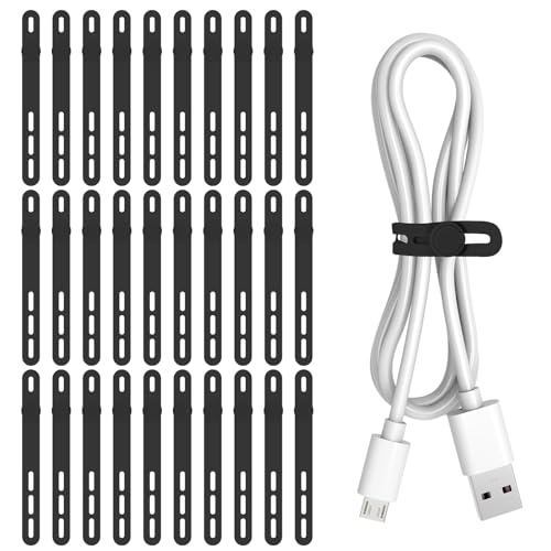 Donruby 30Pcs Silicone Cable Ties - Reusable & Washable with Adjustable Locking Buckle Design, High Elasticity Cable Straps for Home, Office, School, Travel Essential Cord Organizer (Black)