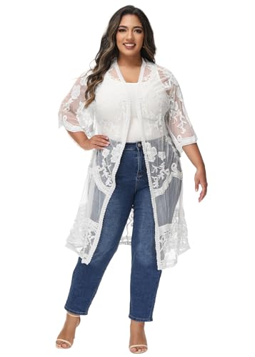 Image of Anna-Kaci Women's Plus Size Lace Cardigan Embroidered Long Kimono Dusters with Half Sleeves