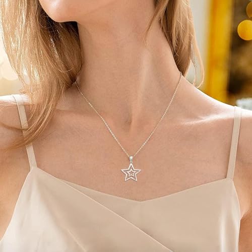 Star Necklace for Women Girls Teens - Sterling Silver Double Star Pendant Necklace Hypoallergenic Cubic Zirconia Hollow Necklace Adjustable Stars Charm Necklace Gifts for Christmas Birthday4