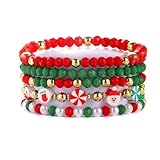 kepvrio Christmas Bracelets for Women,Santa Christmas tree Snow Bracelet Sets Surfer Heishi Bracelets Stackable Polymer Clay Disc Beads Bracelets Christmas New Year Paty Jewelry (Style-D)
