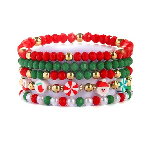 kepvrio Christmas Bracelets for Women,Santa Christmas tree Snow Bracelet Sets Surfer Heishi Bracelets Stackable Polymer Clay Disc Beads Bracelets Christmas New Year Paty Jewelry (Style-D)