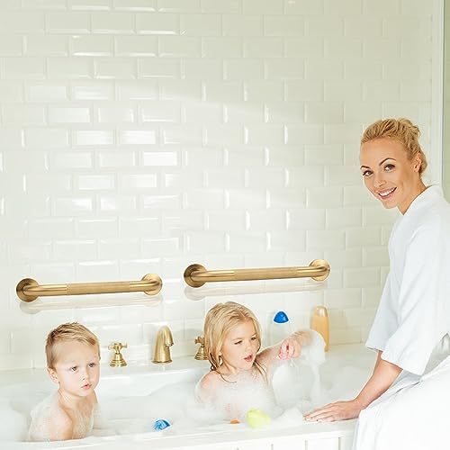 Rackickyer Shower Grab Bar, 2 Pack 32 Inch Gold Bathroom Grab Bar, 1.25" Diameter 304 Stainless Steel Anti-Slip Grab Bars for Bathtubs and Showers, Handicap Shower Grab Bar for Seniors Elderly