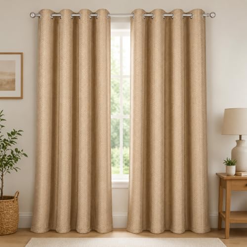 Image of LINENWALAS 100% Blackout Curtains for Window (5 Feet) - Set of 2 Panels, Herringbone Linen Texture Complete Light Block, Thermal Insulated & Noise Reducing Room Darkening Drapes (Mocha)