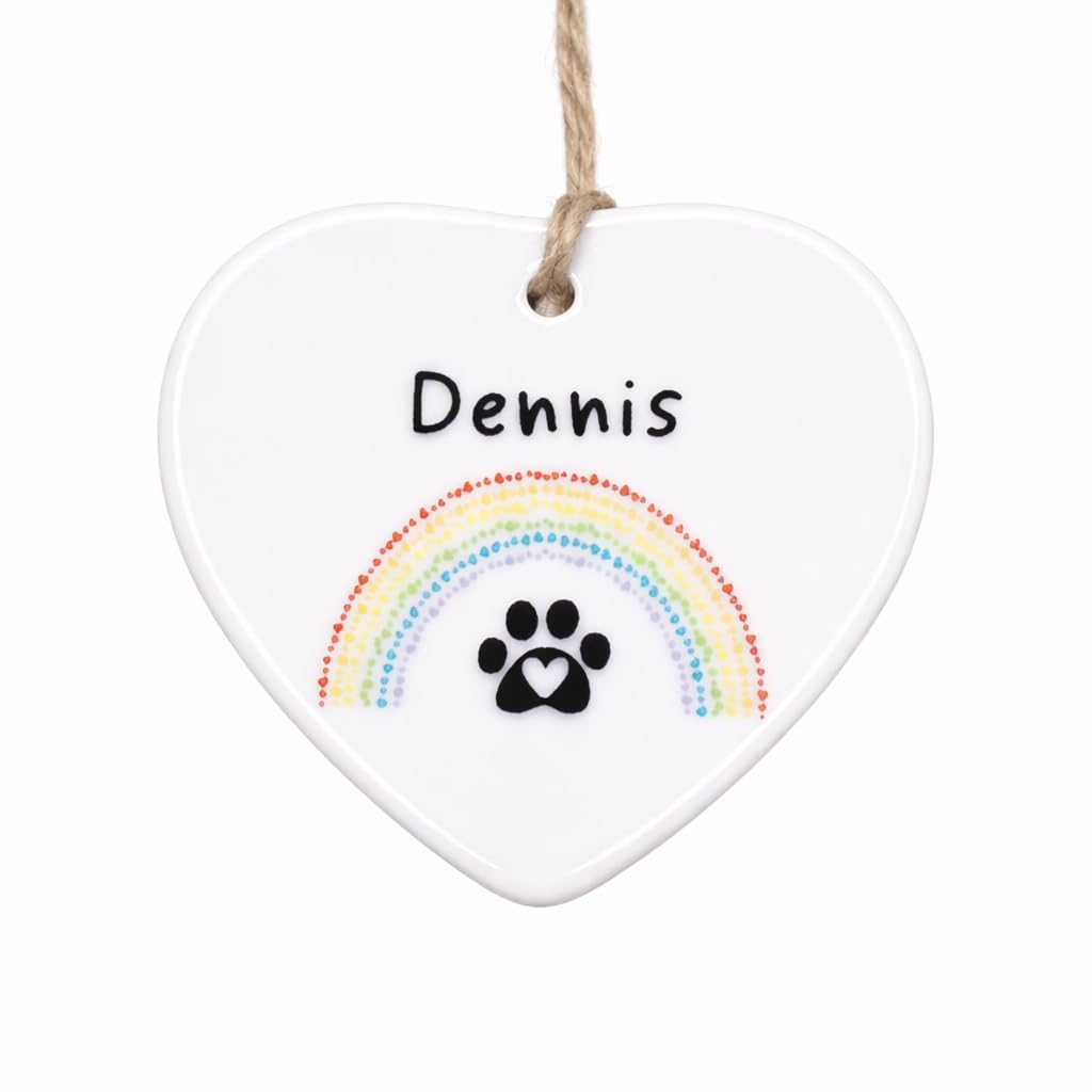 Personalised Pet Memorial Ceramic Heart – Rainbow Paw Print Pet Loss Keepsake – Hanging Ornament Gift Boxed