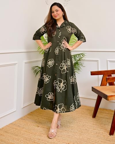Image of Women's Floral Print Midi Dress, Rayon, A-Line Fit and Flare, Shirt Collar, Half Sleeves, Casual Wear