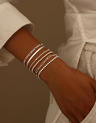 DEARMAY Dainty Silver Chain Bracelets for Women Trendy, Waterproof Sterling Silver/Gold Jewelry Sets Fashion Stackable Beaded Figaro Herringbone Paperclip Chain Bracelet Pack Stack Gifts for Womens4