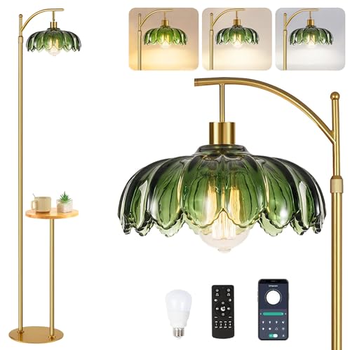 Image of QIYIZM Glass Floor Lamp with Table and Shelves for Living Room Bedroom,Gold Standing Lamp with Remote Dimmable,Boho Brass Tall Lamp Vintage Farmhouse Arc Green Flower Floor Light Bohemian
