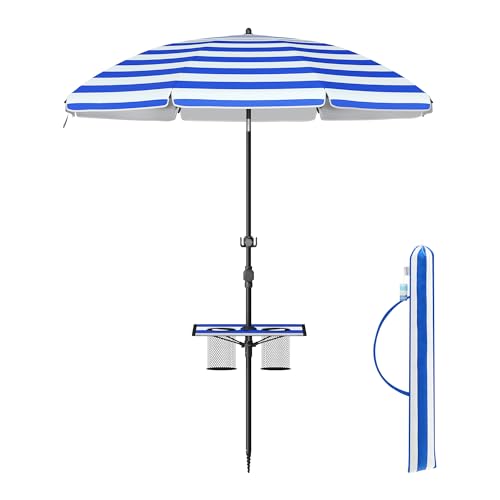 SONGMICS Sombrilla 160 cm, Sombrilla de Playa, Protección Solar UPF 50+, Plegable por Ambos Lados 30°, Estante, Regulable en Altura, Gancho, para Playa, Jardín, sin Soporte, Azul y Blanco GPU0080Q02