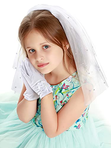 Geyoga 2 Pcs Girls First Communion Veil Gloves Catholic Set White 1st Communion Accessories for Kids Wedding Church Baptism2