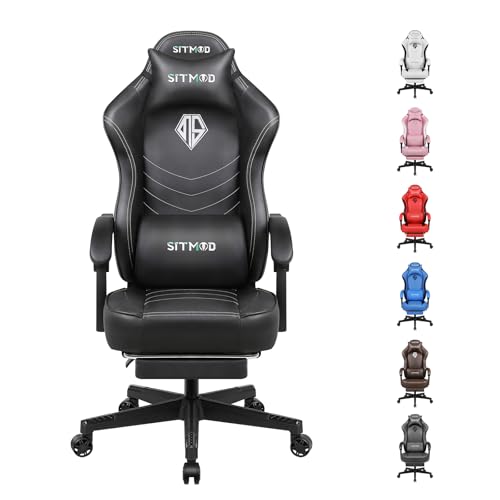 SITMOD Ergonomic Gaming Chair with Footrest for Adults- Adjustable PU Leather PC Computer Chair with Swivel, Lumbar Support, and Headrest-Comfortable Video Game Chair for Long Sessions (Black)