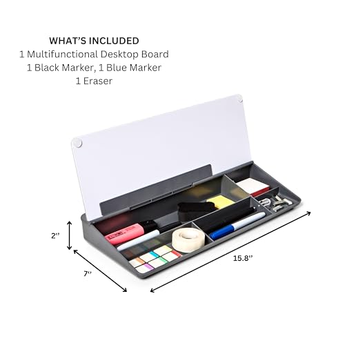 Image of GAROOD Desktop Dry Erase Board with Storage (Grey Base) Desk Desk Board Glass Desktop White Board with Stand Home Office Organizer Phone Holder 15.8X7X2 inches