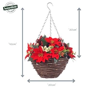 Christmas Poinsettia Hanging Basket 30cm Red Flowers Berries Pine Cones