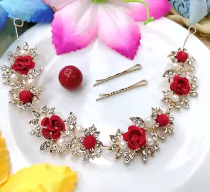 RUBELA Red Rose Party Bridal Fancy Hair Clip Headband Hair Accessories Tiara for Women and Girls
