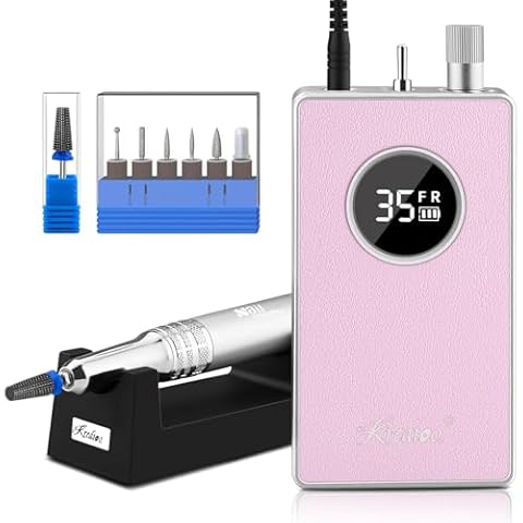 Kredioo Nail Drill Professional Super Quiet with Coreless Motor 35000RPM Electric File 6+1 Tungsten Bits Kit Portable Strong Drill para uñas Profesional Remove Acrylic Nails Dip Powder-Pink Cover
