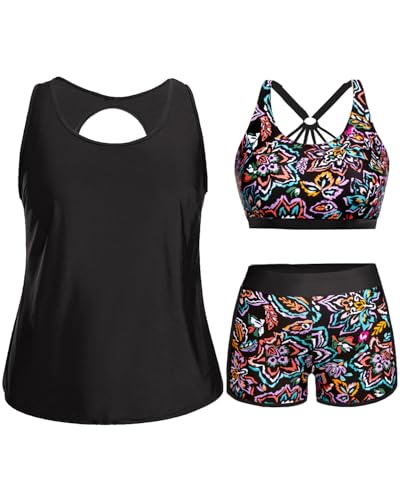 Image of Holipick Women Plus Size Swimsuits - Athletic 3 Piece Tankini with Shorts