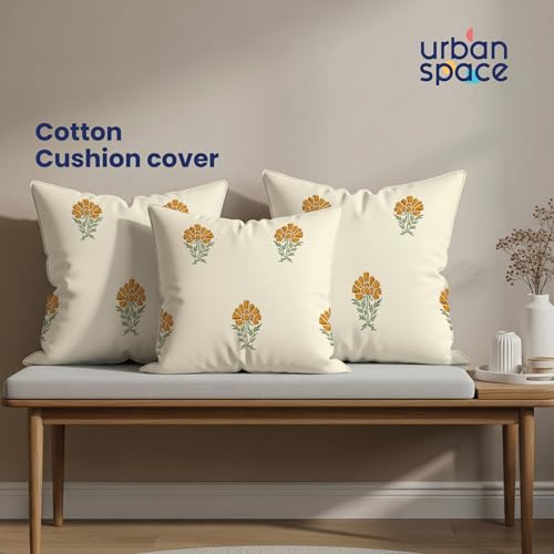 Image of Urban Space Decorative Cotton 200 TC Cushion Cover Set of 3, 16 Inch X 16 Inch Cushion Covers for Sofa, Bedroom, Living Room (Marigold Yellow, Cushion Cover 40Cm X 40Cm, Set of 3)