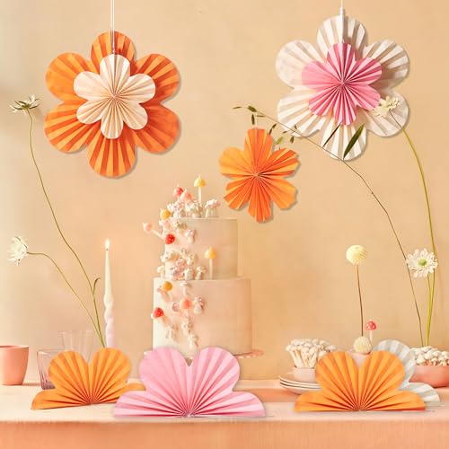 Image of Paper Flowers Decorations for Wall Pink and Orange Paper Fans Classroom Decoration Paper Floral Backdrop Decor Paper Fans Decoration Hanging Paper Fans Pink Flower Wall Decor, Set of 9