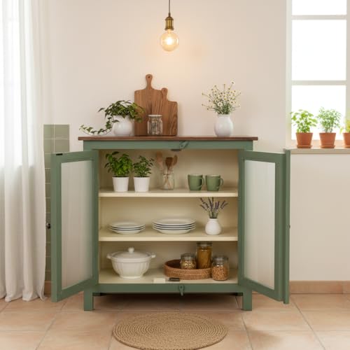 Image of APRODZ 2 Door Cabinet with Wicker Front 2 Shelves | Mango Wood Storage Organizer | Rustic Durable Stylish Wooden Furniture | Compact Design Home Decor (Premium Olive Green & Off White)