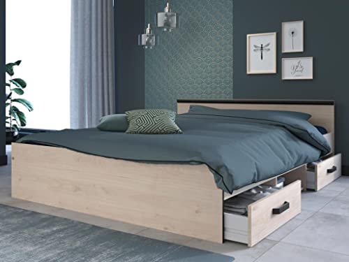 Parisot Lit Pablo avec rangements - 2 tiroirs et 1 Niche - 140 x 190 cm - Coloris : chêne Cover