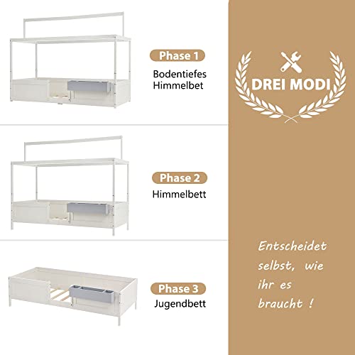 Huisbed, speelbed met stoffen tentopzetstuk, met opbergdoos, 3 combinaties, valbeveiliging, kinderbed, lattenbodem in grenenhout, 90 x 200 cm, zonder matras, wit - Afbeelding 6