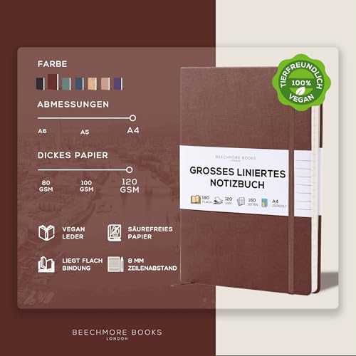 Beechmore Books Notizbuch liniert - XL A4, Braun I Premium Hardcover Journal Buch aus veganem Leder, 120gsm creme Papier, Geschenkbox, für Schriftsteller, Journalisten, Meetings & Studenten