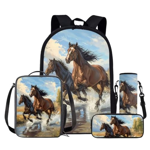 Kids Lightweight Backpack Girls Boys Horse Print School Bag with Lunch Box Pencil Case Water Bottle Sleeve 4 in 1 Book Bag Teen Animal Schoolbag Set Insulated Lunc Tote Camping Sling Bag