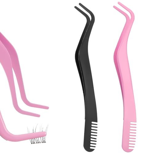 Lash Applicator Tool 2 Pcs Eyelash Tweezers with Comb for Cluster Lashes Curved Stainless Steel Eyelash Applicator Tool for Lashes Precision Placement and Application (2 Colors)