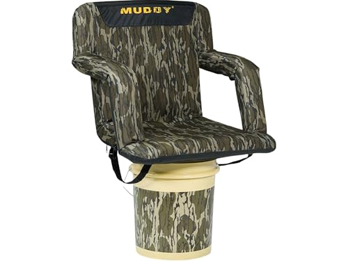 Image of Muddy Deluxe Stadium Bucket Chair - Mossy Oak Bottomland Camo 5-Gallon Bucket Seat with Armrests, Padded Backrest, 3 inch Cushion, Backpack Straps & Hunting Comfort Chair